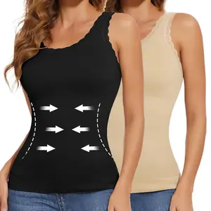 1/2 Pack Women's Sexy Contrast Lace Shapewear Tank Top Tummy Control Cami Tanks  Compression Crew Neck Camisole Tops Lady Comfort Underwear Womenswear
