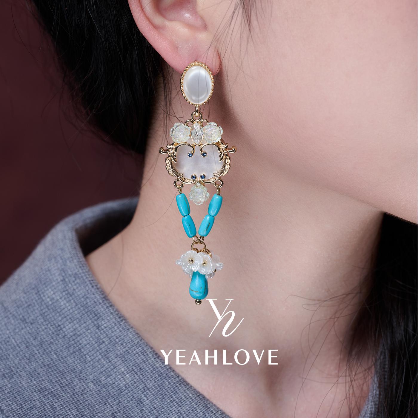 YEAHLOVE Boho Turquoise & Mother-of-Pearl Floral Drop Earrings  925 sterling silver posts — hypoallergenic, sensitive ears friendly. Vintage romantic statement style. Perfect for daily wear, parties, or gifting.