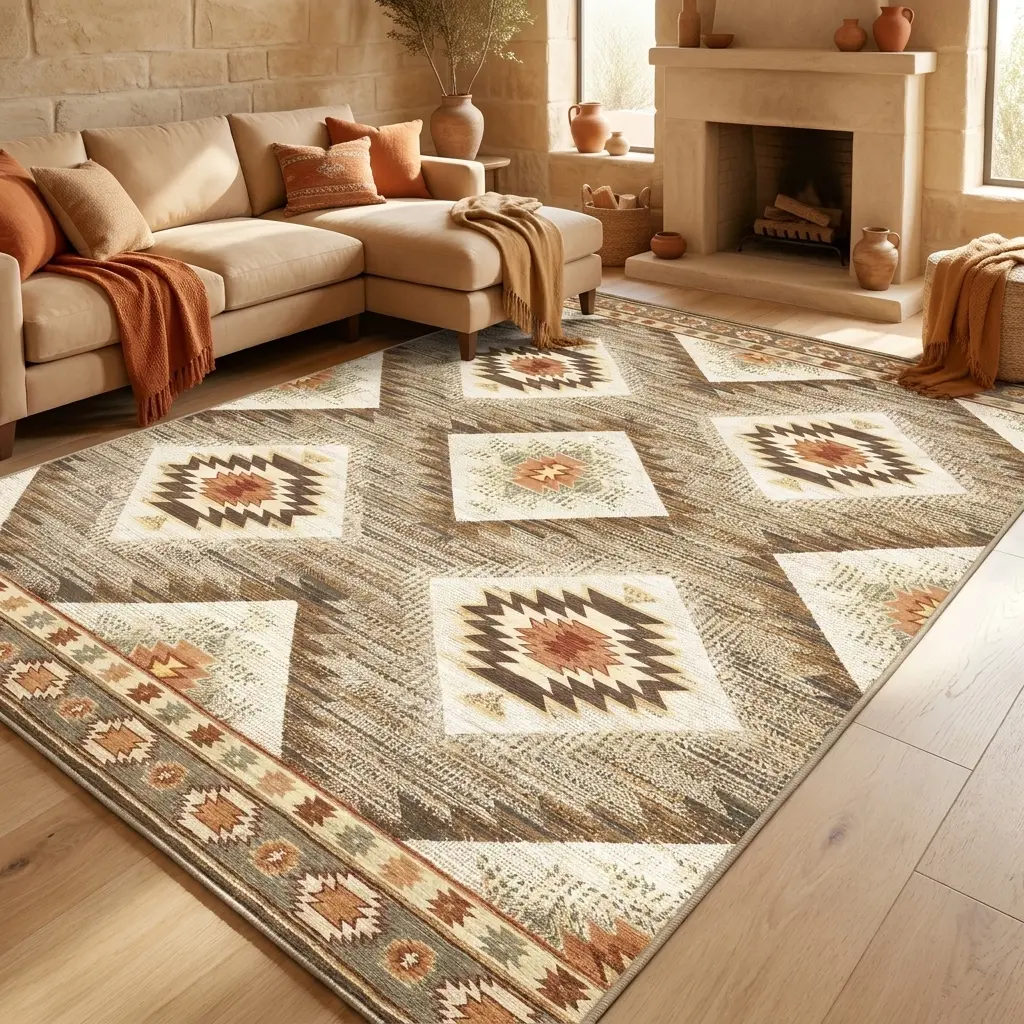RUGIXE Southwestern Area Rug, Machine Washable Soft Velvet with Non-Slip Backing, Cream Brown and Rust Diamond Medallion Pattern, Heavyweight Wear-Resistant Carpet for Living Room and Bedroom, Warm-Tone Geometric Decor