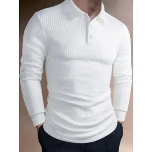 Men's Solid Color Jacquard Short Sleeve Lapel T-shirt For Summer, Casual Versatile Slim Tops As Gift