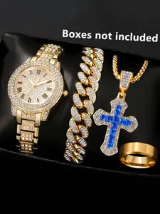 4pcs Stainless Steel Roman Design Quartz Watch, Cuban Link Bracelet, Cross Pendant Necklace, Solid Color Rings for Unisex, Perfect Gift for Daily Wear and Parties, Jewelry Watch Set, Fashion Watch Set