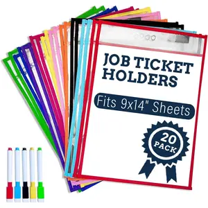20 Colors Dry Erase Pockets Pack - Reusable Clear Plastic Sleeves & Heavy Duty Ticket Holders with 5 Dry Erase Marker Included, Durable Sheet Protectors for Classroom, Office & Shop Organization