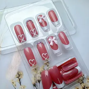 White French Press on Nails 3D Bowknot Fake Nails Tips Full Cover Wearable False Nails for Women and Girls 24Pcs