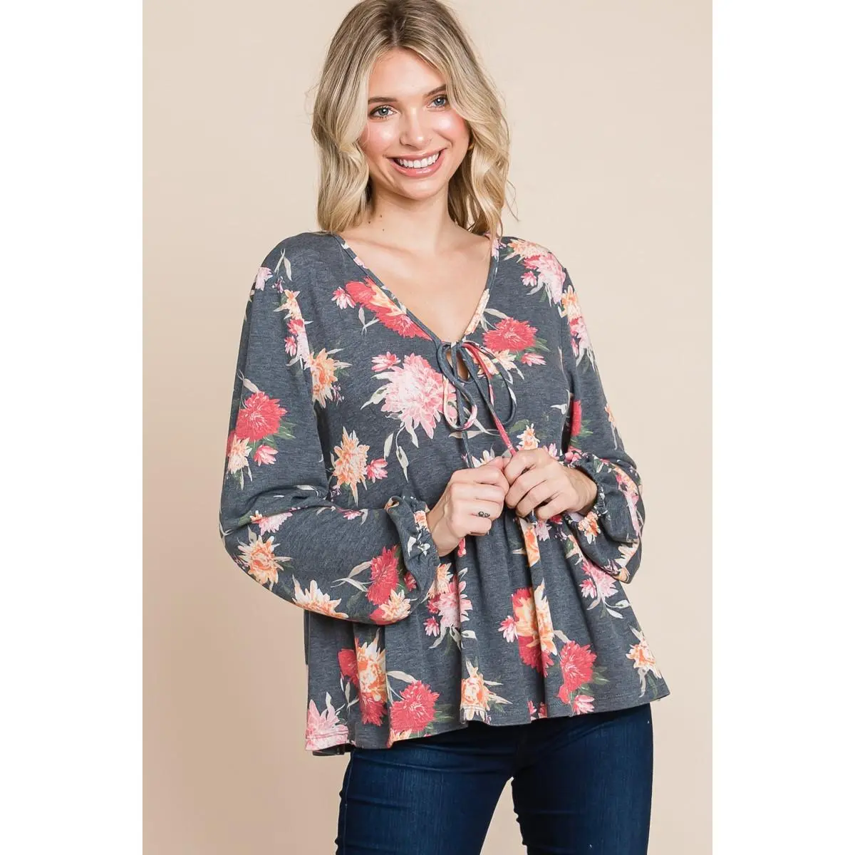 Super Lady Full Size Babydoll Floral Long Sleeve Blouse