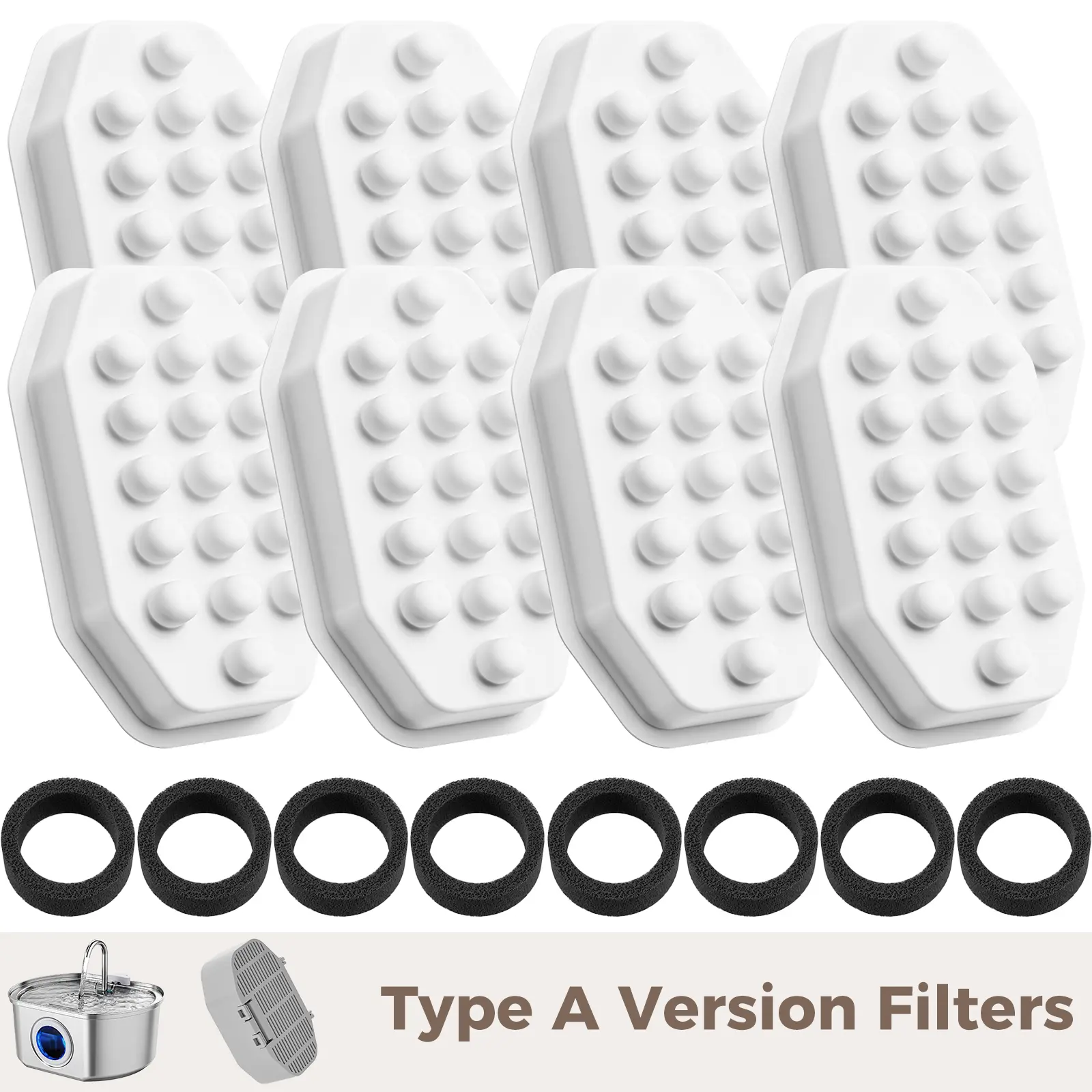 Neareal 8 Pack Version A Triple Filtration Replacement Filters & Sponges. Provides Pure, Healthy Water for Quiet Oval Stainless Steel Cat Fountain (108oz/3.2L) Springtok