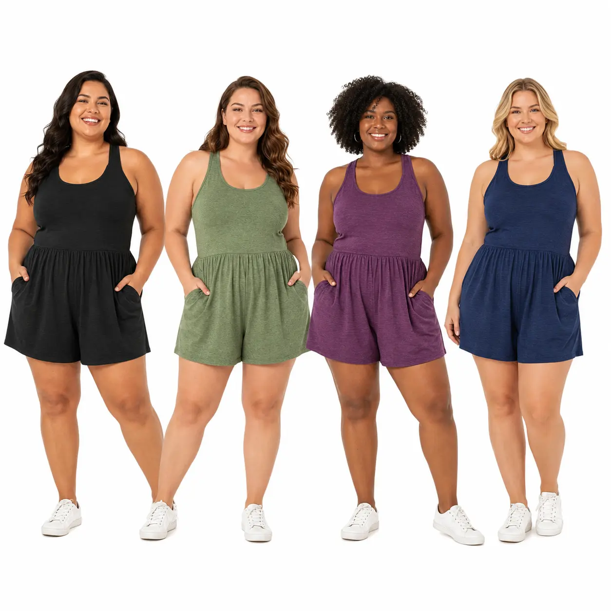 Plus Size Friendly Open Back Sleeveless Jumpsuit for Curvy Women, Stretchy Soft Breathable 2 in 1 Romper with Hidden Built-In Shorts & Side Pockets, Loose Slimming Athletic One Piece Outfit for Yoga Travel Hiking Daily Summer Loungewear