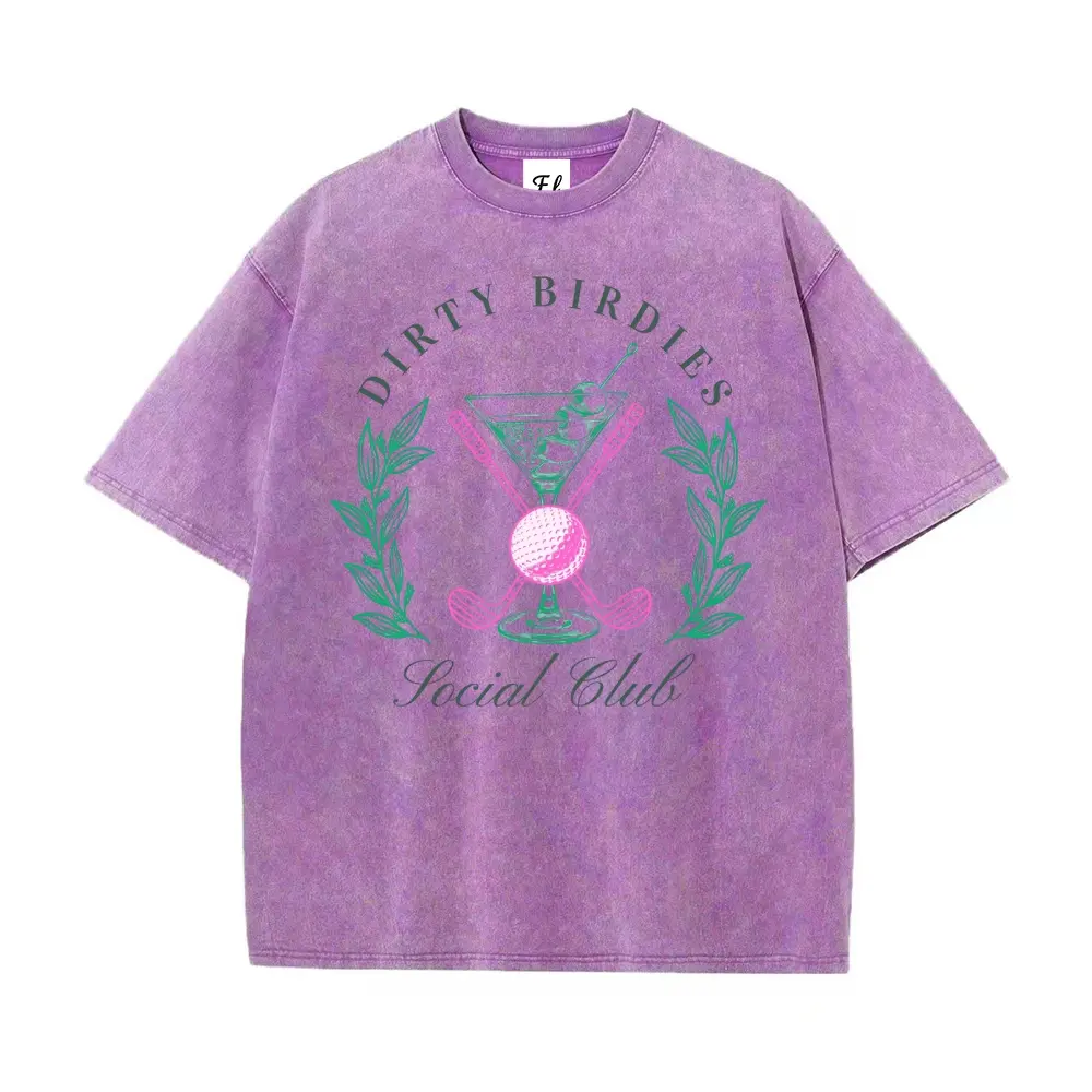"Dirty Birdies Social Club" Vintage Acid Wash Tee, Women's Oversized Heavyweight Cotton Graphic T-Shirt, Retro Distressed Golf Streetwear Top