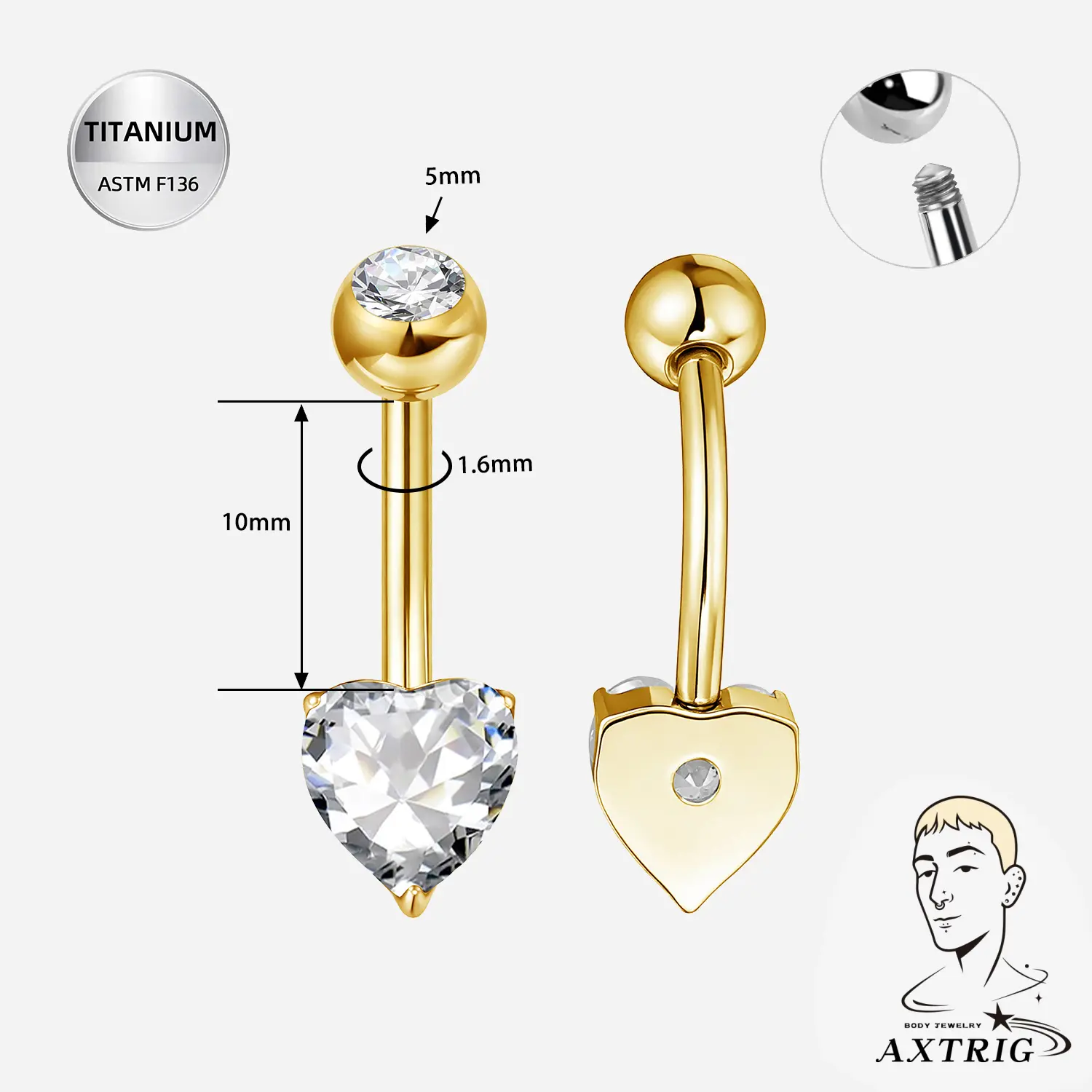 14G ASTM F136 Titanium Heart CZ Belly Ring (10mm)