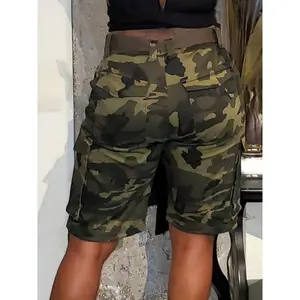 Women'sKnee-LengthDenimJorts-CamoPrintwithSideStraps,CasualLoose-FitwithFlapPockets,VersatileSummerFashion