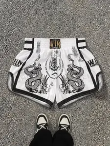 Streetwear Dragon Print Muay Thai Shorts Men's White Black Trim Casual Fight Shorts Traditional Asian, Streetwear Fightwear, Vintage-Inspired, Breathable, Athletic, Sportswear, Activewear, Sports Clothes