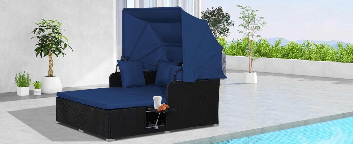 COSTWAY Outdoor Daybed, 2-Person Wicker Chaise Lounge with Retractable Canopy, Cushions & Pillows, 2 Side Trays, Patio Double Sofa PE Rattan Sunbed Lounger for Deck Poolside Garden Balcony