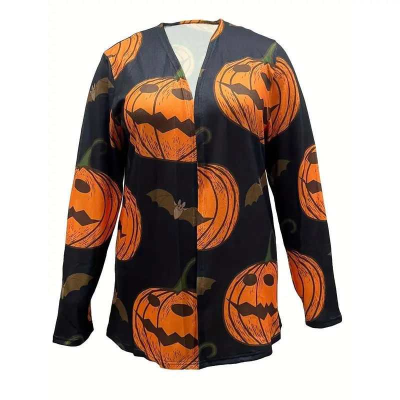 Women's Halloween Print Cardigan - Long Sleeve Stretchy Polyester-Spandex Blend with Pumpkin Skull Bat Witch Hat Print, Machine Washable Winter Casual Fall Sweater for Halloween Party Outfit Women's Halloween Print Cardigan - Long Sleeve Stretchy Polyester-Spandex Blend with Pumpkin Skull Bat Witch Hat Print, Machine Washable Winter Casual Fall Sweater for Halloween Party Outfit