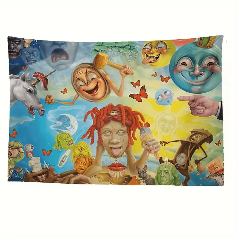 Festive Cartoon Faces & Expressions Linen Cotton Tapestry, Home Decoration Items for Bedroom Wall Decor, Whimsical Room Decor Lightweight Ideal Gift