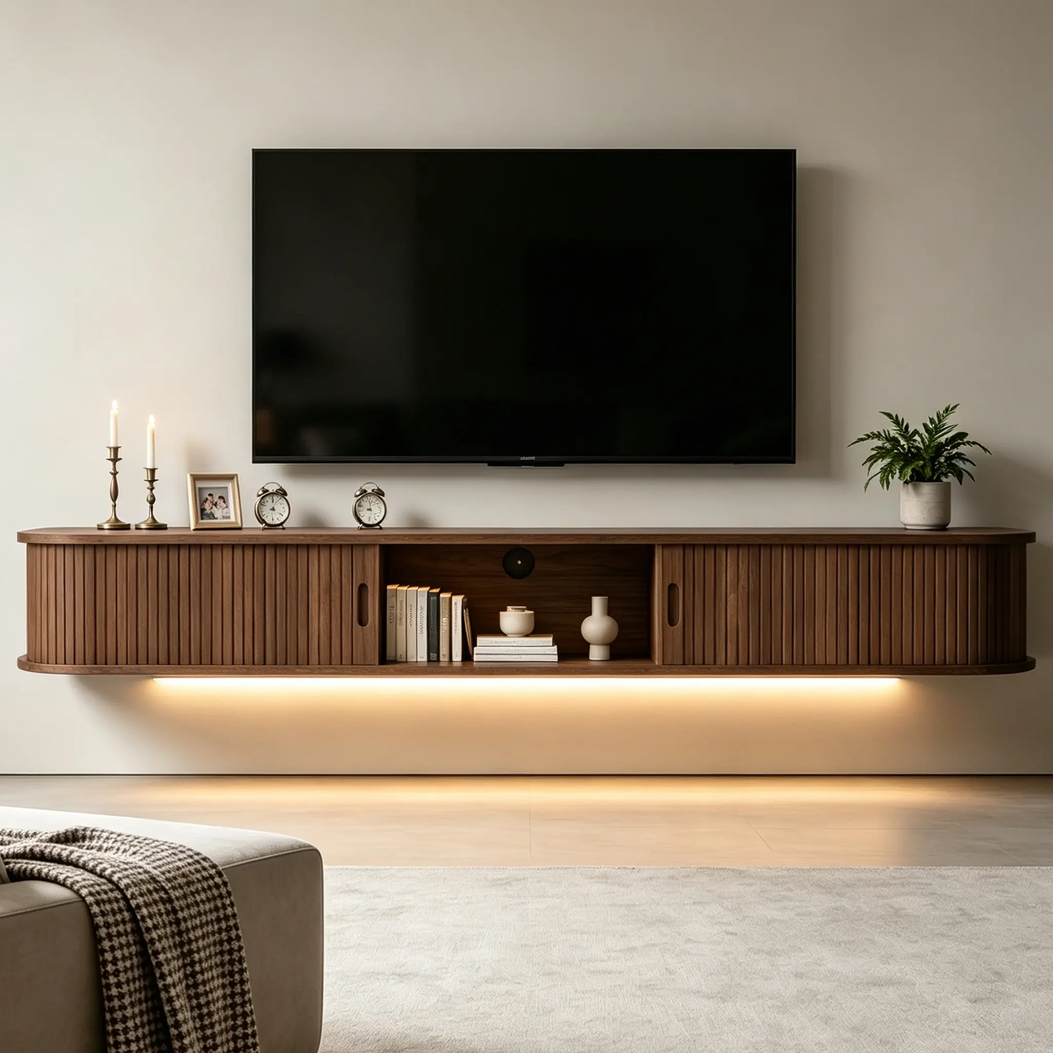 62.9in Sturdy Adjustable Wall-Mounted Floating Modern TV Stand - Wooden Storage Television Console Table, RGB Lights, LED Lighting, Sliding Door, Remote Control, Robot Vacuum-Compatible Living Room Furniture, Storage Tv Stand
