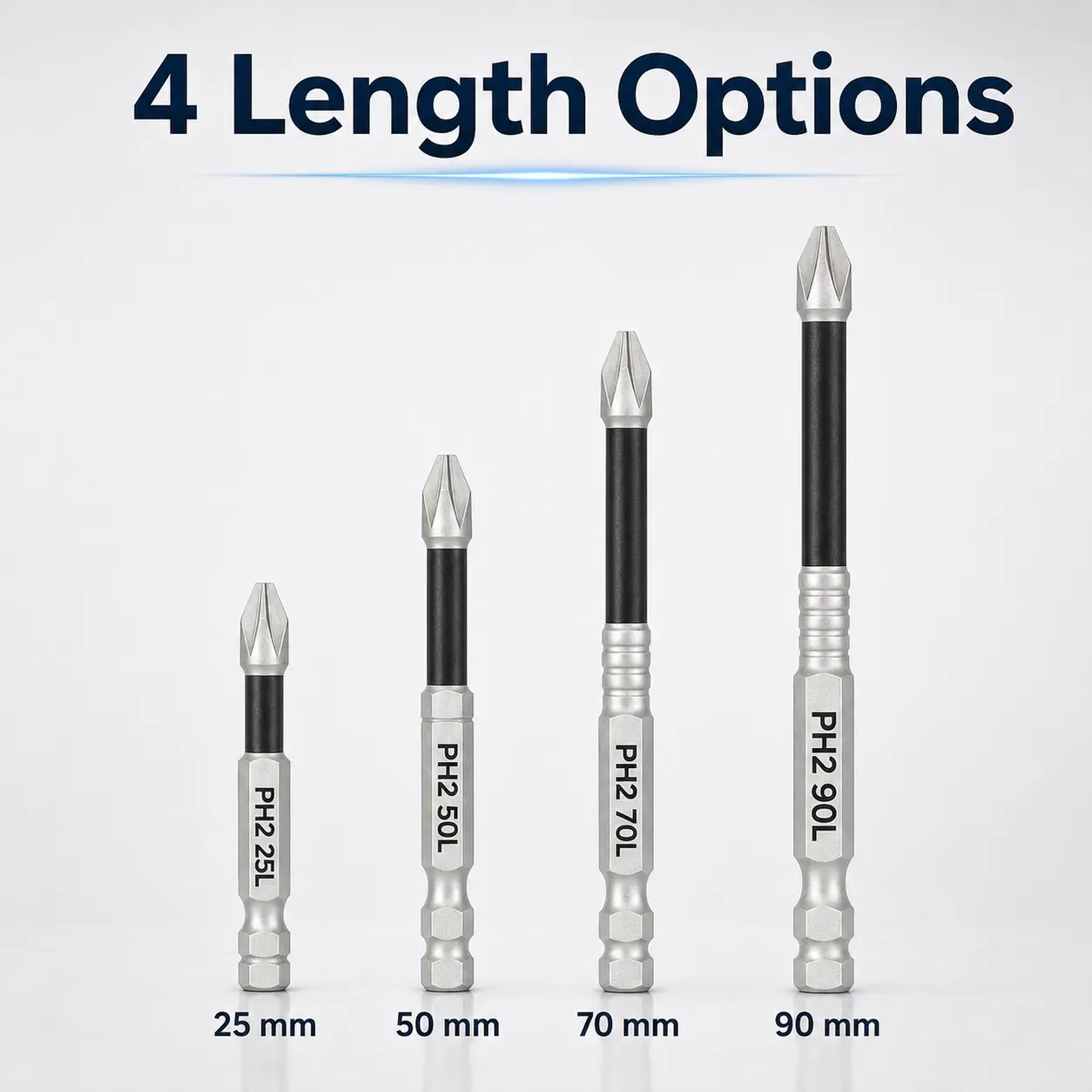 4PCS PH2 Magnetic Screwdriver Bit Set, S2 Steel Anti-Slip Impact Resistant Drill Bits, 1/4 Inch Hex Shank Power Tool Bits, 25/50/70/90mm Lengths for Woodworking, DIY, Home Repair