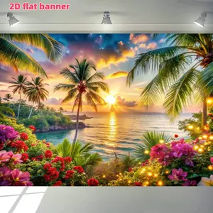 Tropical Hawaiian beach ocean background banner, polyester material, summer Hawaiian beach photography background, palm tree ocean, living room, bedroom, office and outdoor decoration, ideal choice for parties and holiday gifts, room decoration