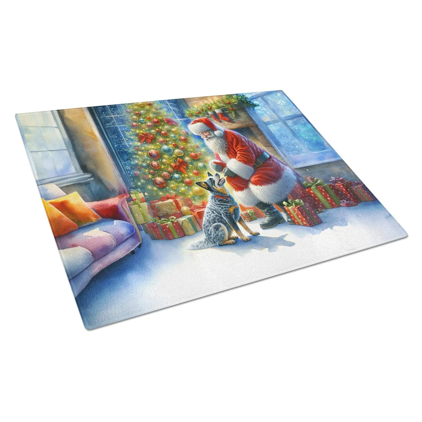 15x12 in Heat-Resistant Tempered Glass Chopping Board, Christmas Holiday Decor with Vibrant Australian Cattle Dog & Santa Claus Design, 12 Inches Length Kitchen Accessory (Rectangular)