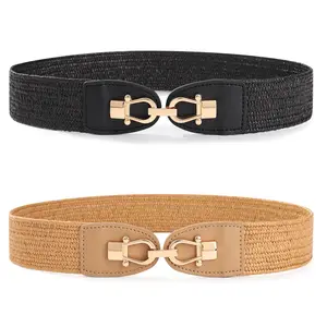 AWAYTR Women Boho Braided Belt Elastic Waist Ladies Straw Belts Metal Buckle Breathable Belt for Dress 2Pcs/Set TikTokShopBlackFriday