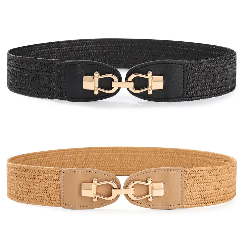 AWAYTR Women's Boho Style Bohemian Braided Belt - 2pcs/Set, Straw Material, Elastic Waist, Metal Buckle, Breathable, Braided Edge, Interlock Hook, 3 Sizes Available (27.5 in, 35.4 in) for Dresses, Mothers TikTokShopBlackFriday