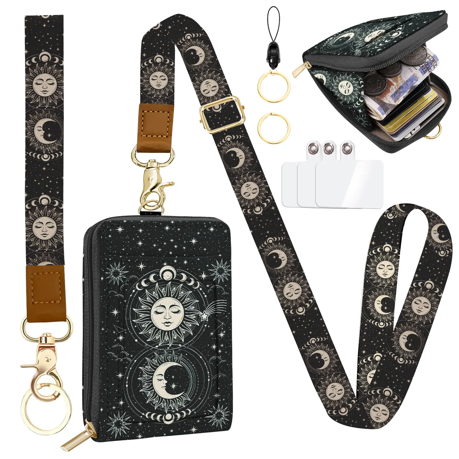 Sun and Moon Lanyard Wallet,RFID Leather Wallet with Lanyard,ID Badge Holder with Zip Pocket Credit Card Holder Breakaway Keychain Wrist Neck Strap for Office Business