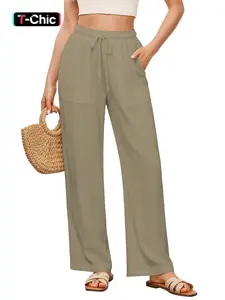 Women's Casual Loose-Fit Linen Wide Leg Pants, High Waist Adjustable Drawstring Straight Leg Pocket Design, All Season Comfortable Woven Fabric