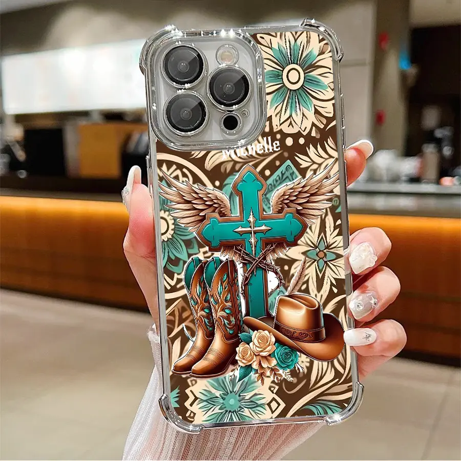 Western cowboy boots and hat floral pattern phone case, shockproof camera protective phone case, vintage and stylish, suitable for iPhone 17/16/15/14/13/12/11/X/XS/XSMAX, a holiday gift for friends, family, and yourself., Flower, Cover, Accessories, Smart