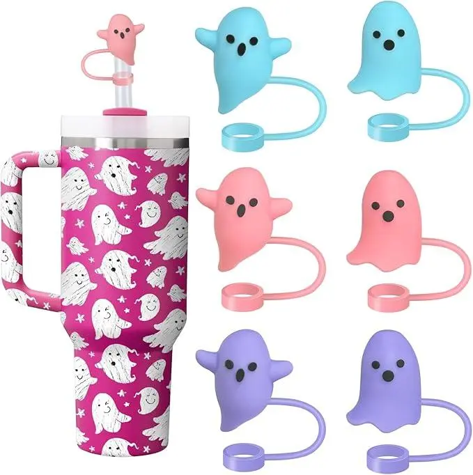 6-Pack Halloween Ghost Straw Toppers Covers 10mm Luminous Cute Design for 20 30 40 oz Tumblers Funny Tumbler Accessories for Halloween Decorations Gifts Drinkware Set Mug Bottles