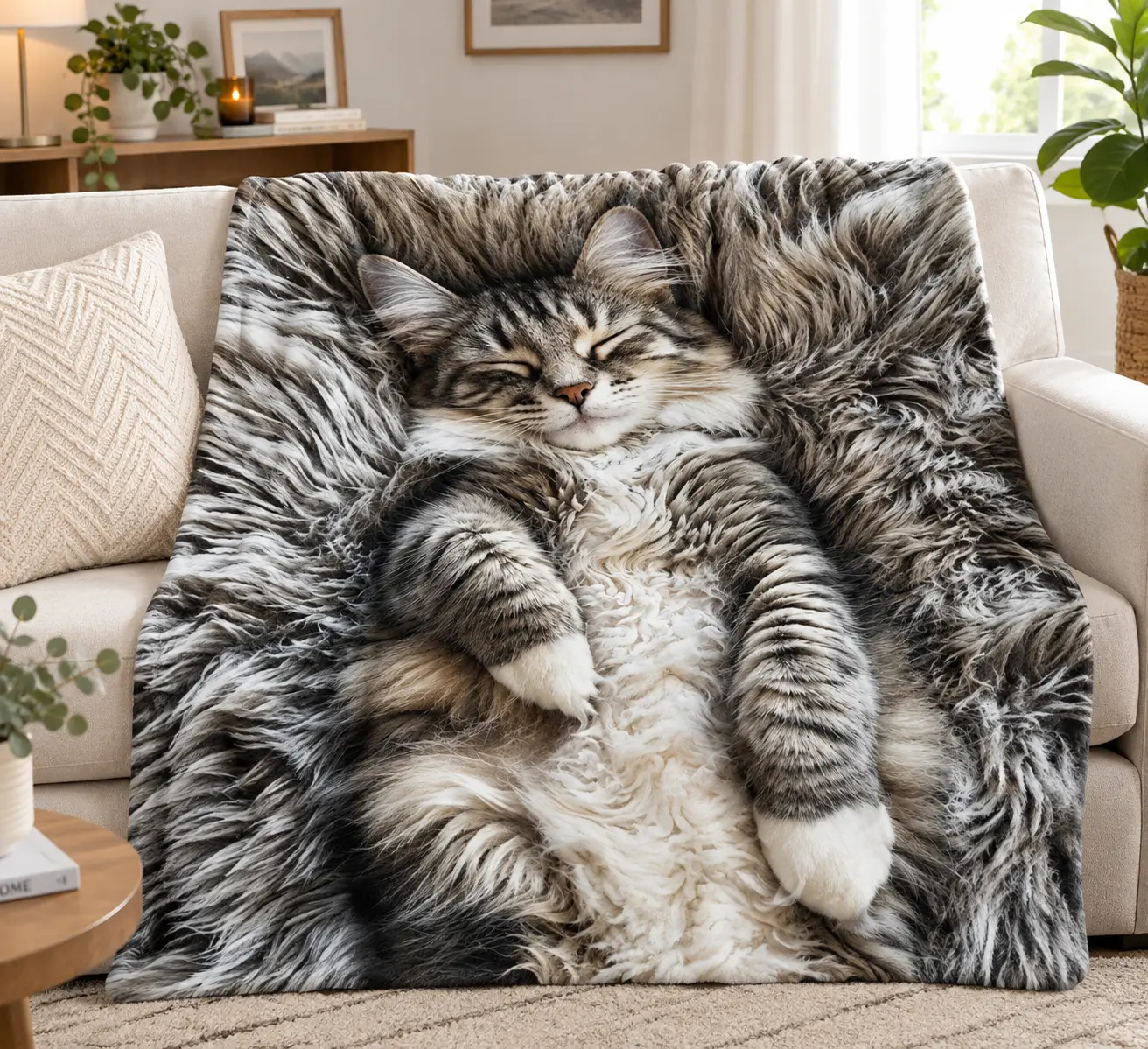2D Print Realistic Sleeping Maine Coon Cat Throw Blanket, Cute Fluffy Tabby Cat Print Flannel Blanket, Lifelike Giant Cat Furry Design Blanket, Soft Cozy Blanket for Sofa Bed, Perfect Gift for Cat Lovers