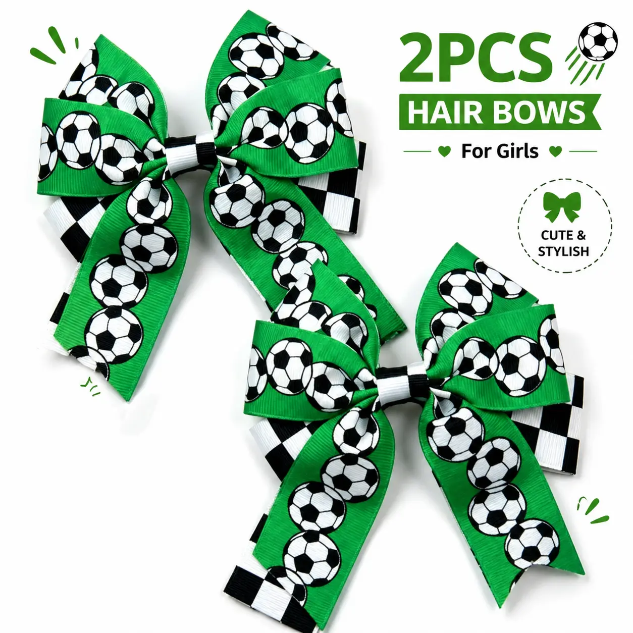 Green Soccer Bowknots 2PCS – Wear as Hair Bow or Decoration, Soccer Ball & Checker Pattern for Game Day & Indoor Outdoor Decor