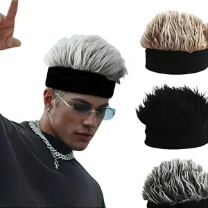 Men'S Funky Faux Fur Knit Beanie Hat - Hip-Hop Style, Straight Hair, No Brim, Perfect for Parties & Cosplay, Black & White Design, Party Accessory |     Funky Beanie |     Faux Fur Hat, Knit Beanie Hat