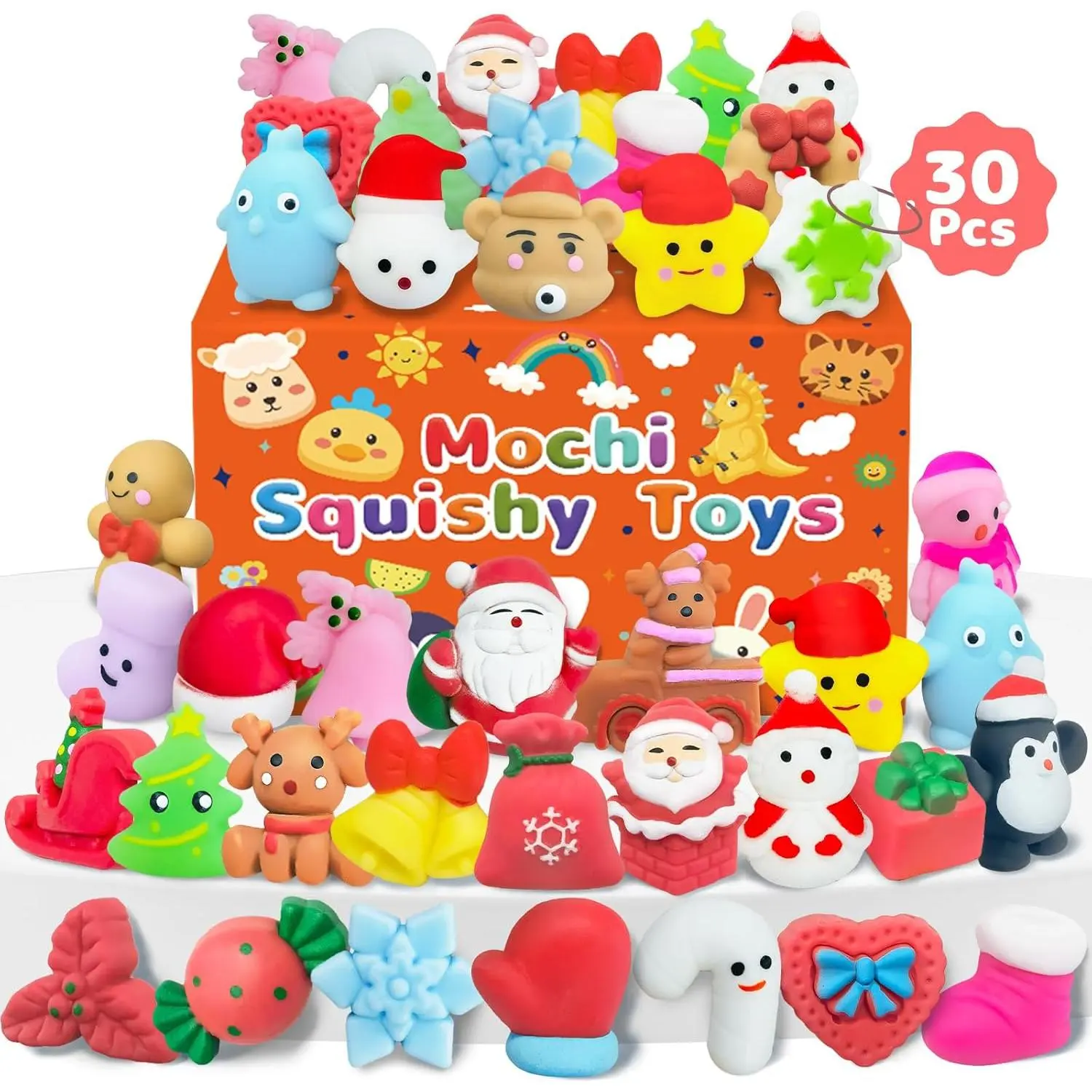 30 Pcs Christmas Squishy Toys, Party Favors Goodie Bags Stuffers for Kids, Bulk Classroom Xmas Gifts Prizes for Students, Small Stocking Stuffers Fidget Toys Treats from Teachers