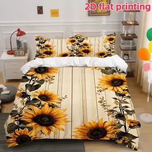 2D Flat 3Pcs Sunflower Duvet Cover - Farmhouse Style Rustic Wooden Background, Botanical Floral Pattern Bedding, Soft Microfiber Quilt with 2 Pillowcases (Unfilled) Perfect for Bedroom, Guest Room, Home Decor.