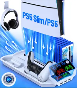 PS5 Slim Stand with Cooling Station and Controller Charging Station for PS5 Slim/PS5 Pro Console/PS5 Disc&Digital, for PS5 Accessories-Cooling Fan, Headset Holder, 13 Game Slot for Playsation 5
