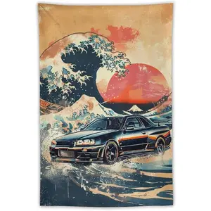 QEOPGNE Jdm R Car Tapestry Cool Sport Car Wall Art Japanese Great Waves Wall Decor Retro Car Room Decor For Man Cave Garage Office Bedroom Living Room Wall Hanging Tapestries Single Tapestry, No Brass Rings, No Hooks