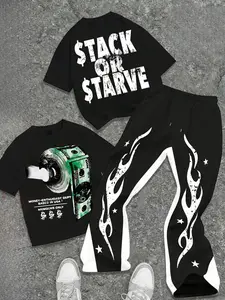 Men's 'stack or Starve' Graphic Tee & Flame Wind Sports Pants Set, Fitness Clothes, Street Style Casual Fashion, Comfortable Wear, Athleisure Wear Set, Fall&winter