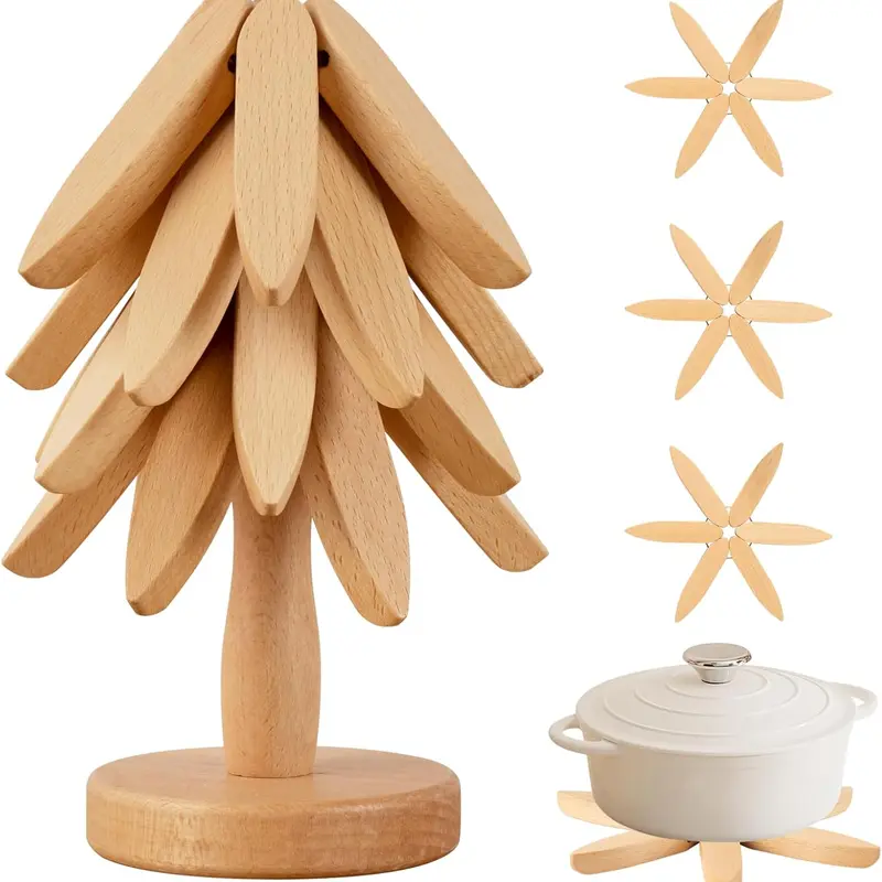 4 Wooden Trivet + 1 Stand Set - Eco-Friendly Solid Wood Heat-Resistant Trivets, Carved Tree Shape Collapsible Stand, Kitchen Coasters for Hot Tableware, Dining Home Decor