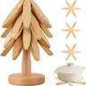 4 Wooden Trivet + 1 Stand Set - Eco-Friendly Solid Wood Heat-Resistant Trivets, Carved Tree Shape Collapsible Stand, Kitchen Coasters for Hot Tableware, Dining Home Decor