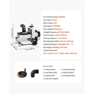 VEVOR 10 Benchtop Drum Sander, 1HP 1725RPM Dual Motor Drum Sander for Woodworking - Variable Speed Conveyor Belt 4 Dust Collection Port for Cabinet Making Furniture Finishing