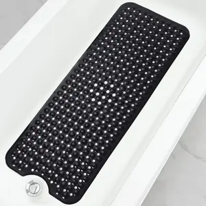 Extra Large Non-Slip Bath Mat 40x16 Inch with Suction Cups & Drain Holes, Soft Bathtub and Shower Mat, Machine Washable Bathroom Floor Tub Mat, Black