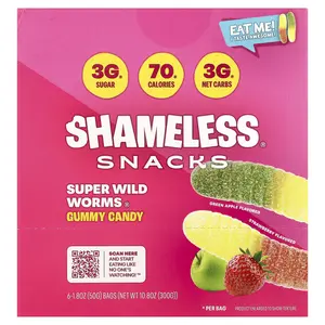 Shameless Snacks Super Wild Worms® Gummy Candy, Green Apple and Strawberry, 6 Bags, 1.8 oz (50 g) Each