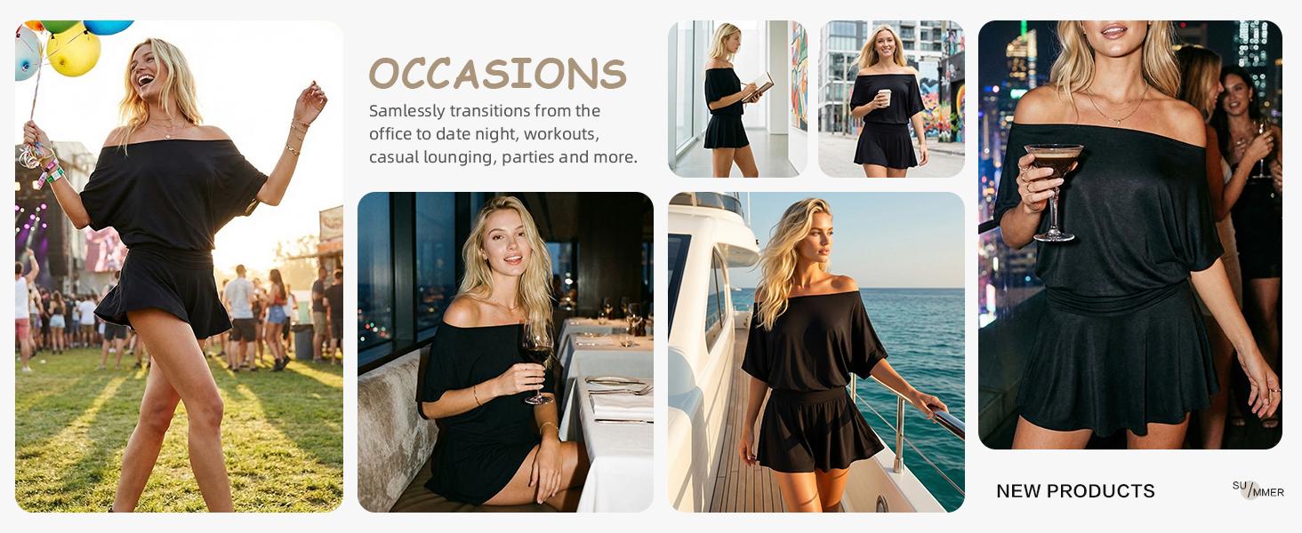 FISOEW  Sports 2026 Summer Spring Women's dresses,  Draped  Off-The-Shoulder Mini Dress,suitable for beach vacations and leisure holidays, party dresses. Fit Casual Black Style Womenswear