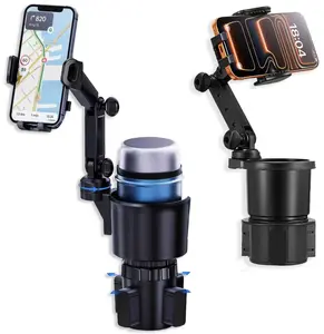 2-in-1 Universal Car Cup Holder Expander with Long Retractable Arm, Adjustable Base, 360° Rotation Phone Mount, Fits 4-7'' Smartphones for Trucks, Phone Holders for Car