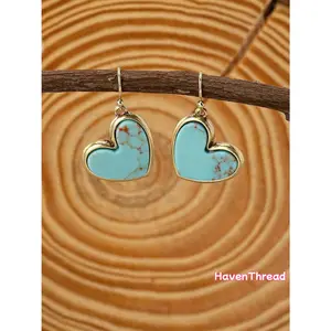 1 Pair Vintage Boho Natural Turquoise Heart-Shaped Earrings, Heart Shape Design, Ideal Gift for Valentine's Day & Mother's Day
