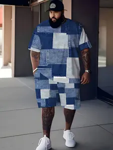 Men's Large Size Faux Denim Print Summer T-Shirt Shorts Set, Polyester Fiber, Sportswear, Party Travel Gift