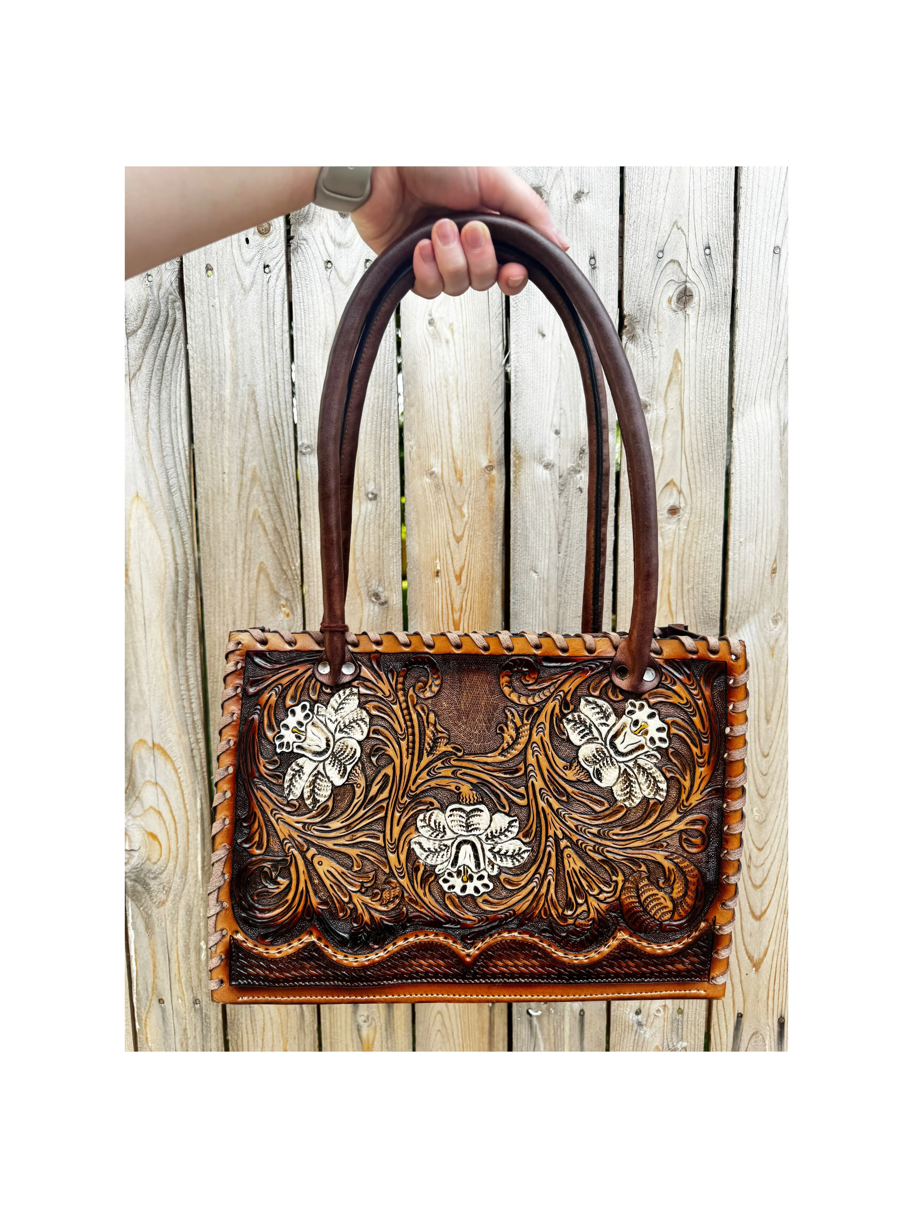 Hand Tooled Leather Tote - 100% Genuine Leather Floral Patterns Handcrafted in Atoyac Jalisco