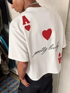 Men's vintage street-style Ace of Hearts print T-shirt, loose short-sleeve crop top, suitable for daily casual wear, Streetwear, Menswear