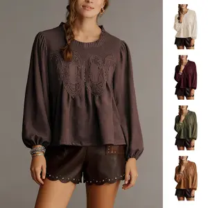 JovenPara Women's Faux Suede Lace Poplin Mesh Peplum Babydoll Tops Long Puff Sleeves Crew Neck Flared Swing Blouse Shirts