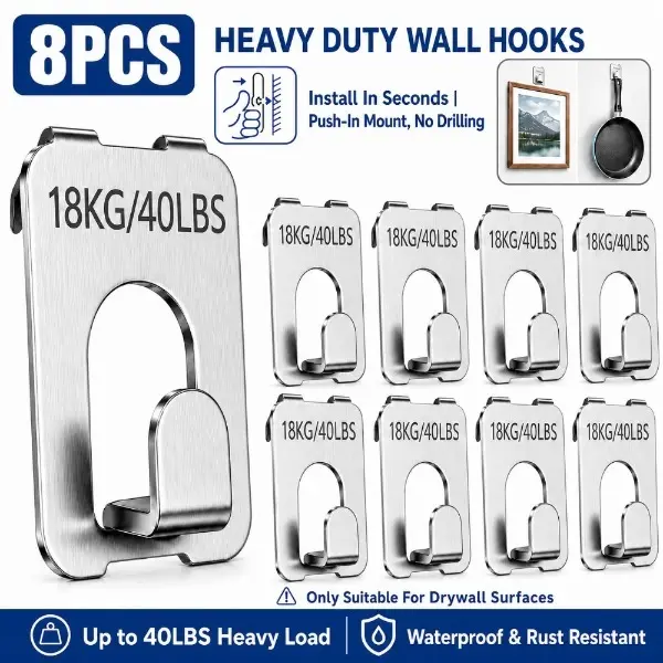 8PCS Heavy Duty Picture Hanging Hooks, 40LBS Wall Hangers, No Drill Push-In Stainless Steel Hooks for Drywall, Easy Install Picture Frame Hangers for Wall Art, Photos, Mirrors & Home Decor