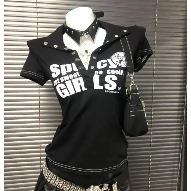Y2k Polo Collar Slim Goth Sexy Crop Top Letter Print Punk Woman