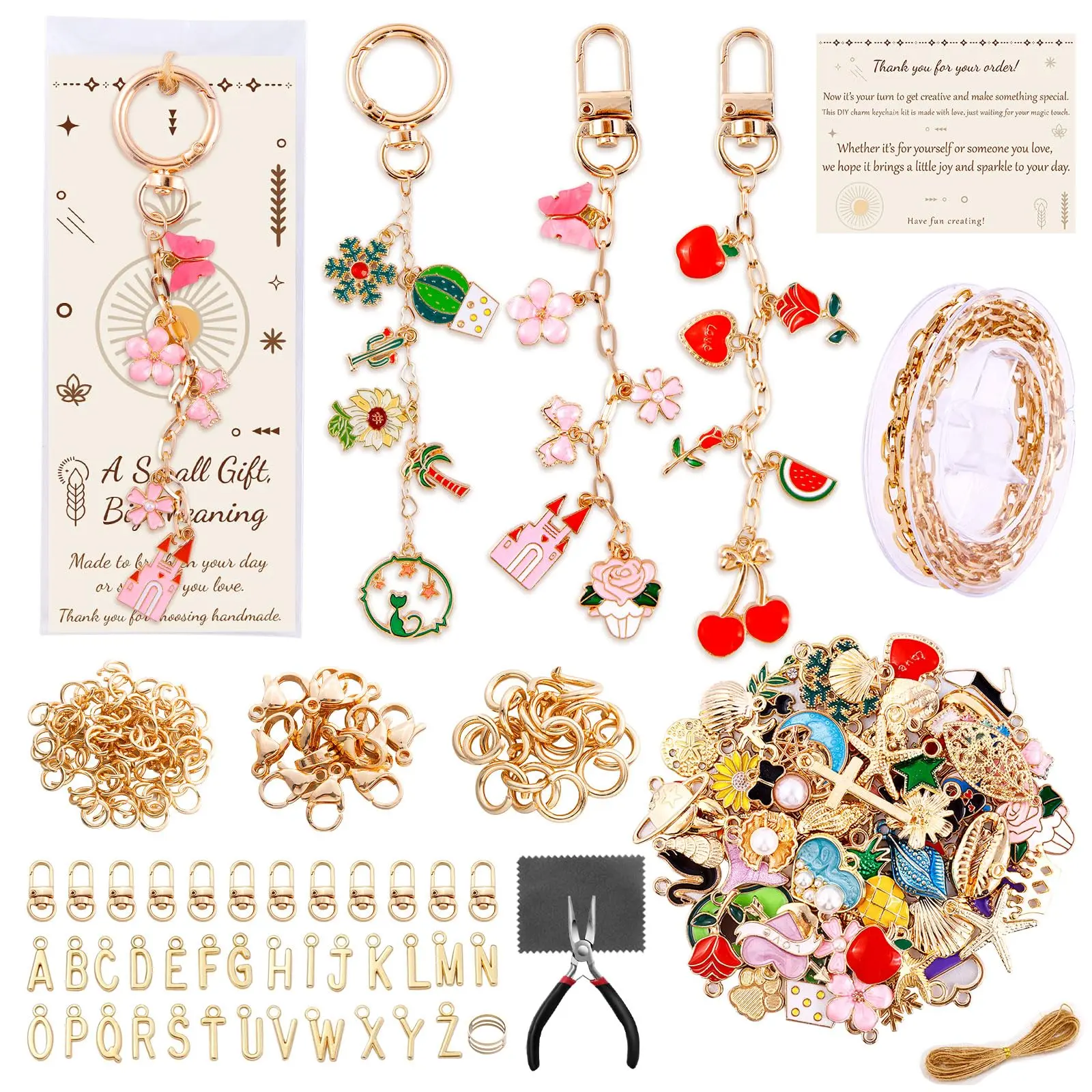 285 Pcs Keychain Making Kit, Bag Charm Kit with 92 Charms, 22 Keychain Clips, Key Ring Jewelry Plier, Extender Chain, Letter Beads for DIY Crafting and Jewelry Making